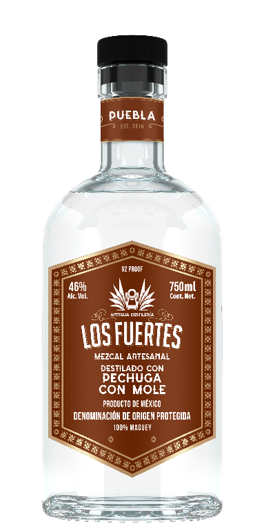 Botella de mezcal artesanal Mezcal Antigua Destilería Los Fuertes Destilado con Pechuga con Mole, 750ml, 46% alc. vol.