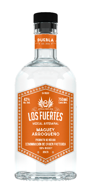 Botella de mezcal artesanal Antigua Destilería Los Fuertes Maguey Arroqueño, 750ml, 42% alc. vol.
